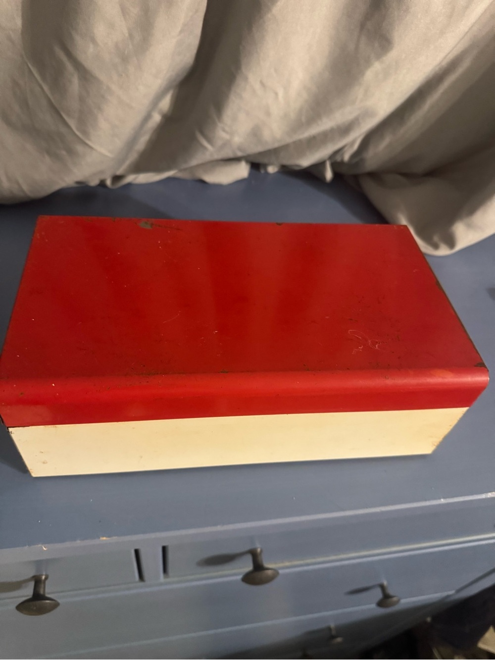 Vintage Red and Cream Metal Storage Box
